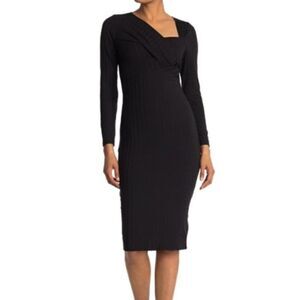 Astr The Label Black Ribbed Knit Long Sleeve Midi Dress Asymmetric Neckline Sz S